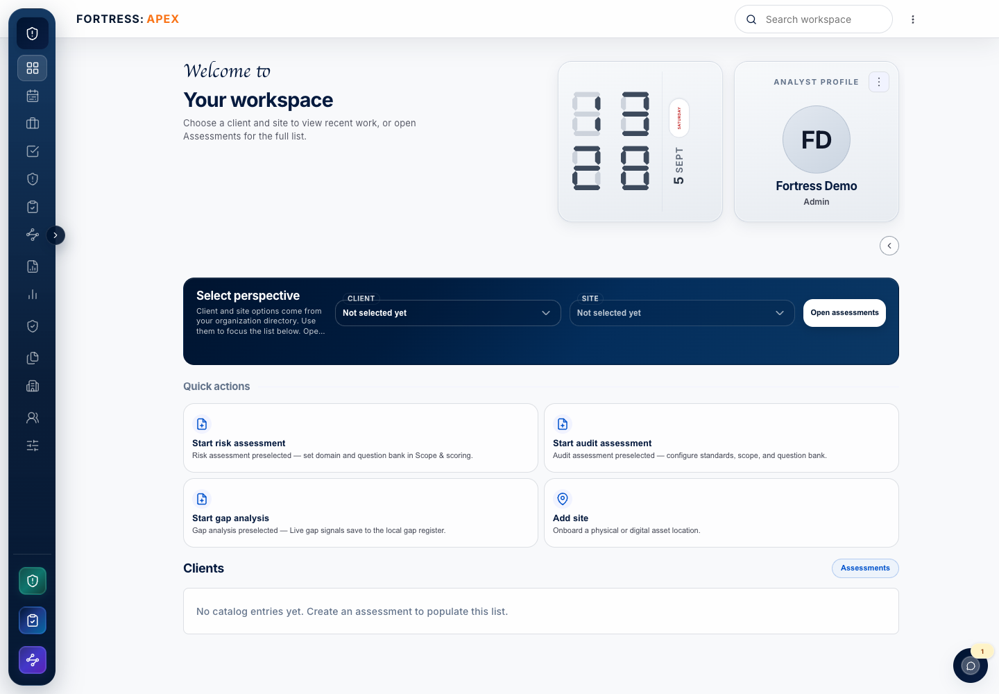 Fortress: Apex isolated field-test workspace using sanitized demonstration data.